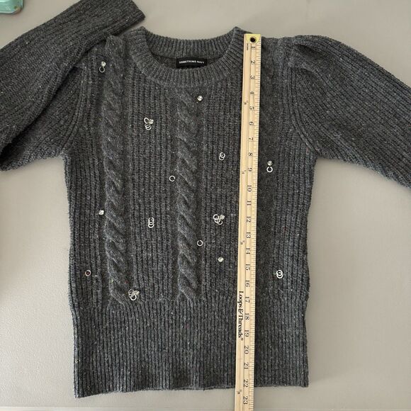 Something Navy Womens Cable Knit Sweater XS Gray Puff Sleeve Bling Wool Preppy - Picture 13 of 14